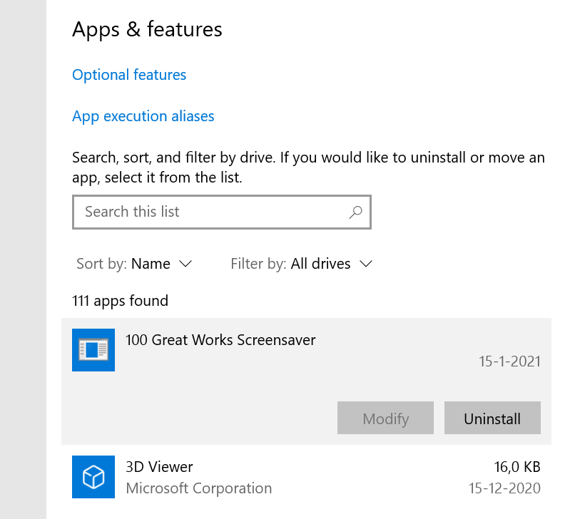Uninstalling a screensaver from the Apps & features panel in Windows 10