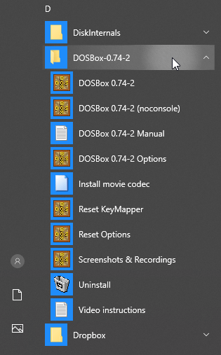 DOSBox folder in the Start menu