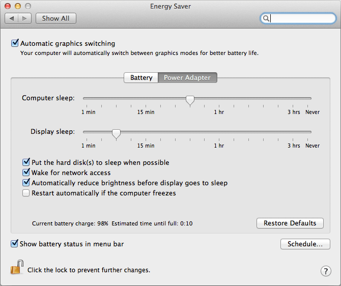 Energy Saver panel in Mac OS X
