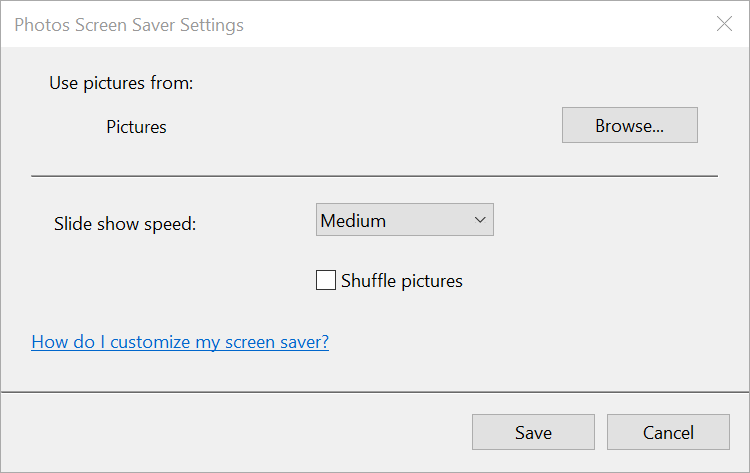 Settings screen for the Photos screen saver on Windows 10