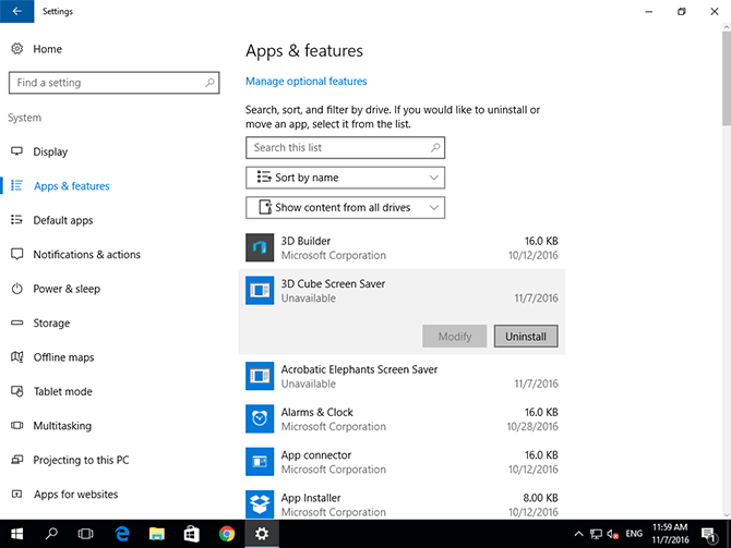 Uninstall and Modify buttons in the Windows 10 Apps & features panel