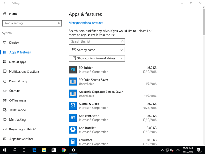 Windows 10 Apps & features panel