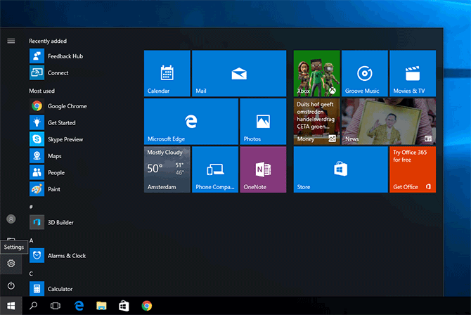 Settings link in the Start menu on Windows 10