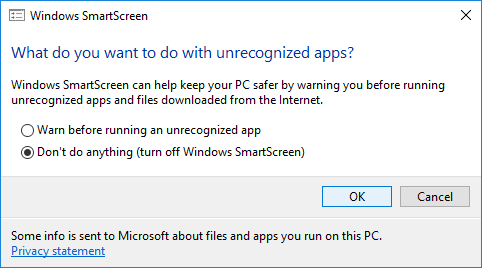 Windows 10 SmartScreen settings panel
