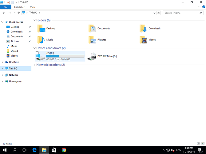This PC view of the File Explorer on Windows 10