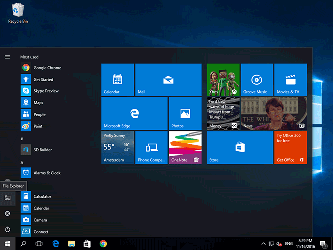 File Explorer shortcut in the Windows 10 Start menu