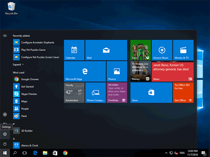Windows 10 Start menu with Settings highlighted