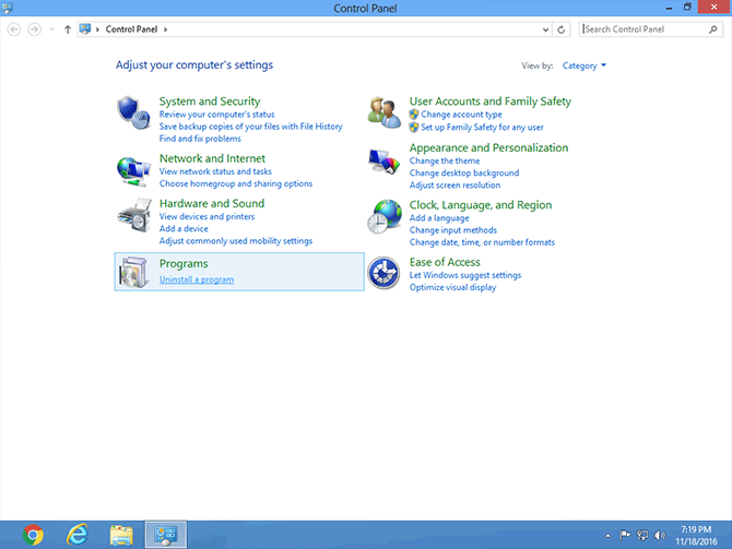 Control Panel on Windows 8 with Programs section highlighted