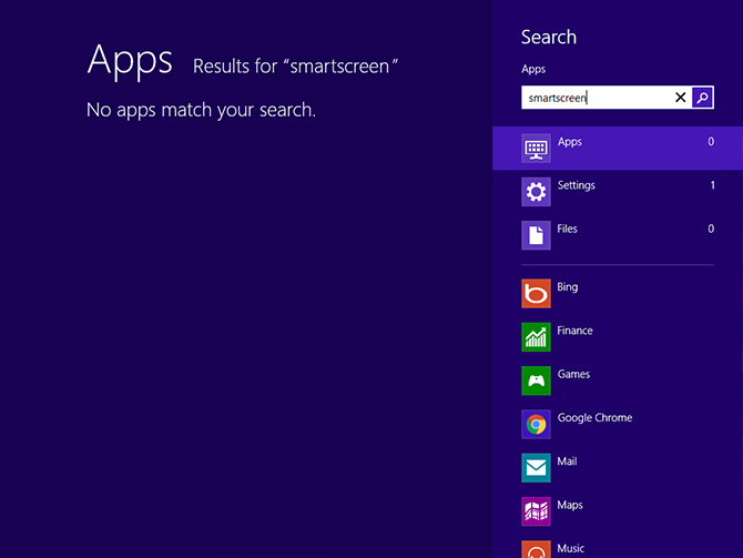 Search results for 'smartscreen' on Windows 8