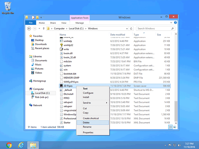 Deleting a file in the File Explorer on Windows 8