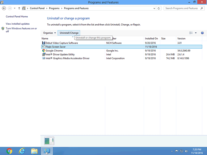 Programs & Features panel on Windows 8