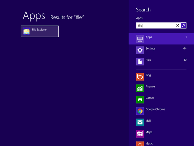 Search results for 'file' in the Start menu on Windows 8