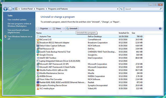Programs and Features panel on Windows Vista