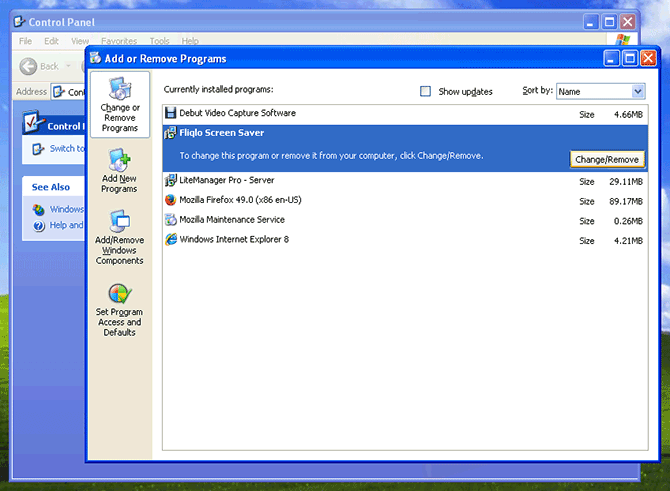 Add or Remove Programs panel on Windows XP