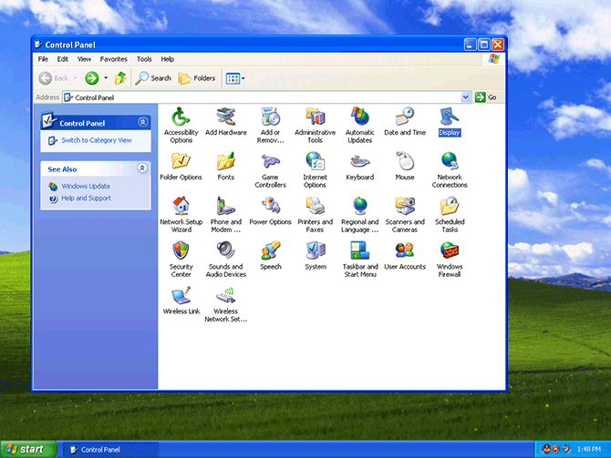 Screenshot of the Control Panel in Classic View on Windows XP