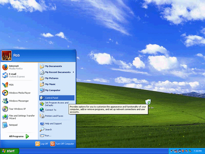 Control Panel link highlighted in the Start menu on Windows XP