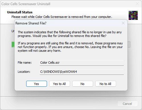 Screenshot of prompt from Color Cells screensaver uninstallation program