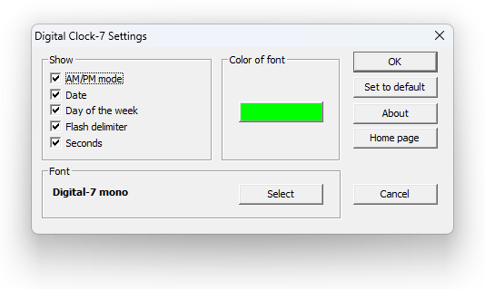 Settings panel of the Digital Clock-7 screensaver