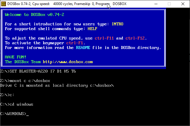Entering commands manually into the DOSBox command line interface