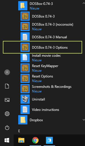 DOSBox Options shortcut in the Windows 10 Start menu