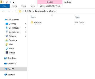 File Explorer showing the contents of the dosbox.zip file