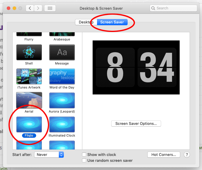 macOS screen saver panel with Fliqlo screensaver selected