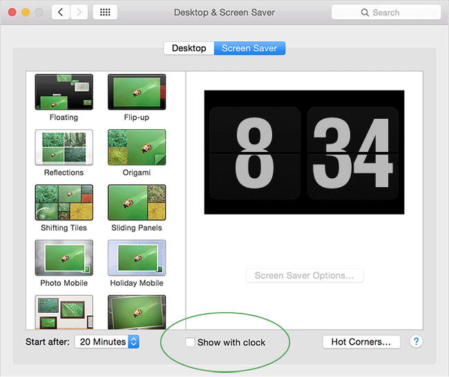 Show with clock feature in macOS screen saver panel