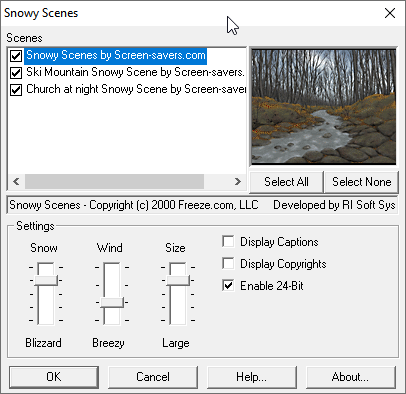 Screenshot of the settings panel of the Snowy Scenes screensaver