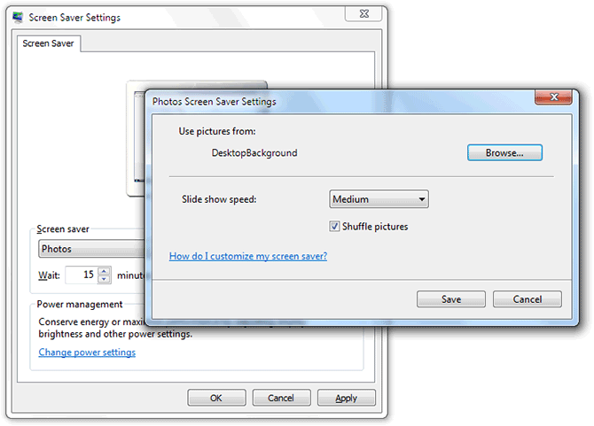 Settings panel of the Photos screensaver on Windows 7