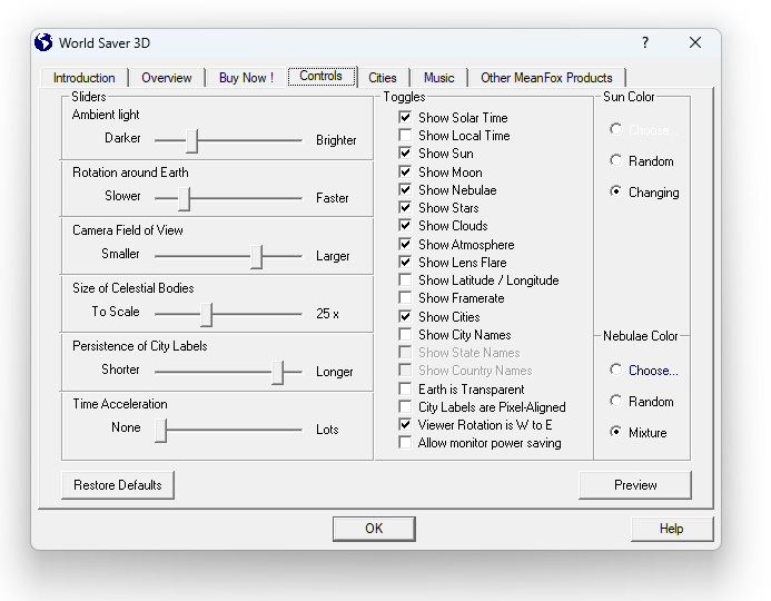 World Saver 3D Settings menu on Windows 11