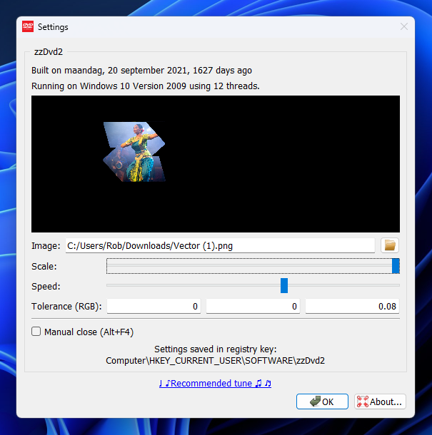 Screenshot of the zzDVD2 screensaver's settings panel