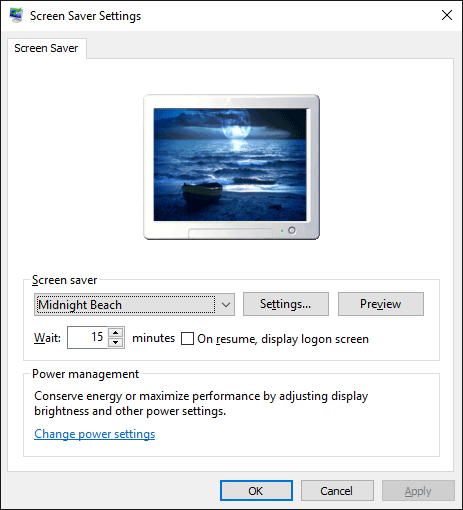 Screen Saver Settings panel on Windows 10