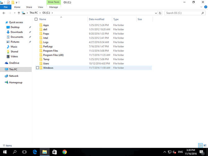 Windows folder on the C driver in the File Explorer on Windows 10