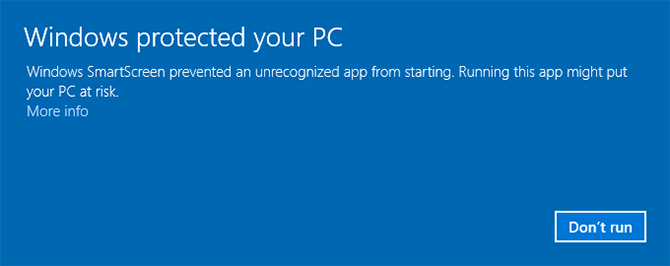 A SmartScreen warning on Windows 10