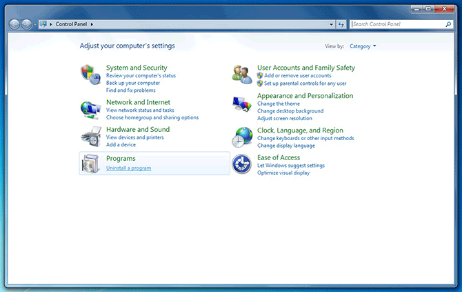 Panel sterowania w systemie Windows 7 z podświetloną opcją „Programy”