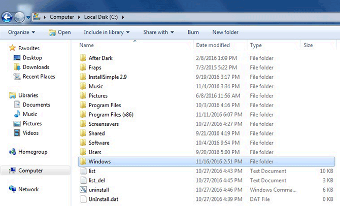 List of files and folders on the C drive in the File Explorer on Windows 7