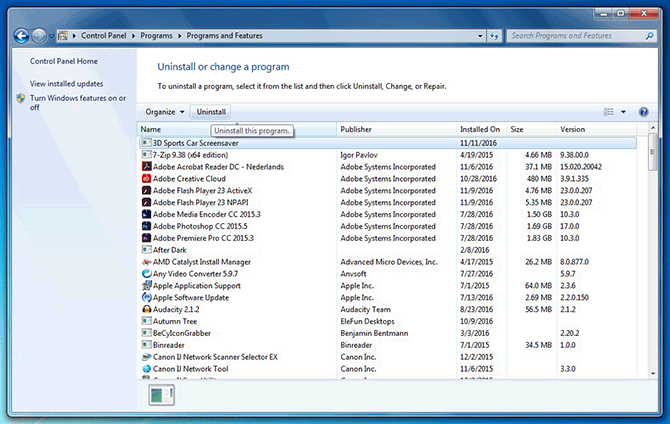 Panel Programy i funkcje w systemie Windows 7
