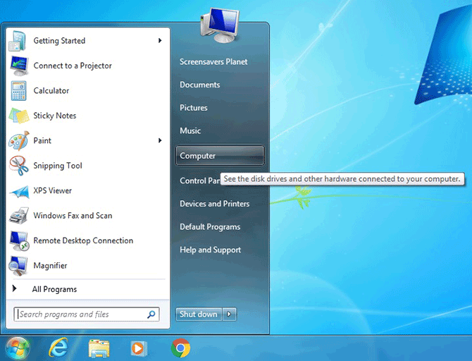 Start menu on Windows 7 with the Computer link highlighted