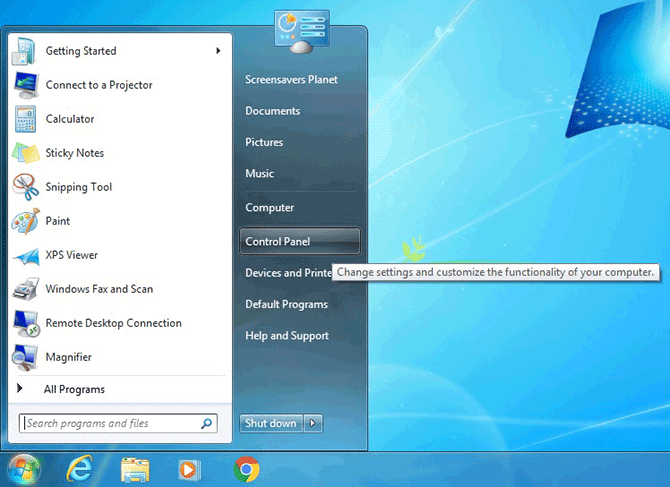Windows 7 Start menu with Control Panel highlighted