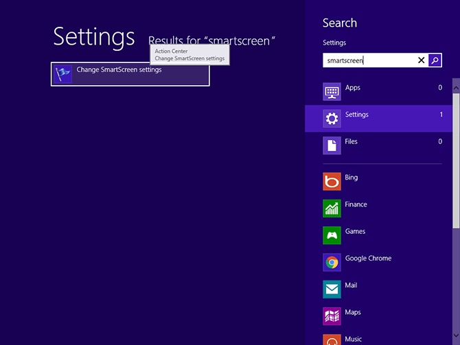 Change SmartScreen settings link in search results