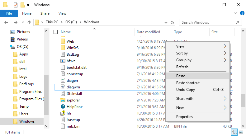 Pasting a file into the Windows folder on Windows 10