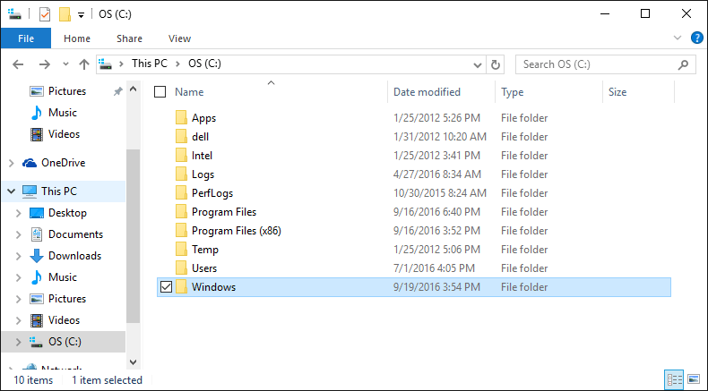 Location of the Windows folder on Windows 10