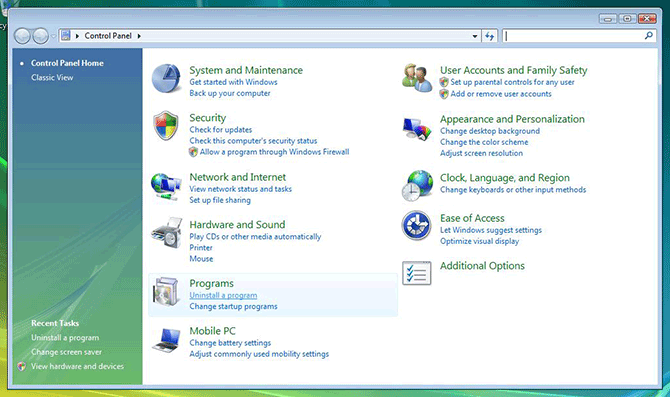 Control Panel on Windows Vista