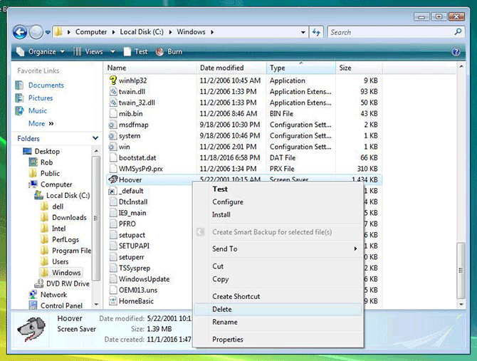 Deleting a file in the Explorer on Windows Vista