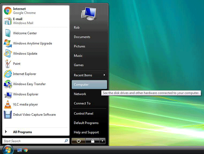 Computer link in the Start menu on Windows Vista
