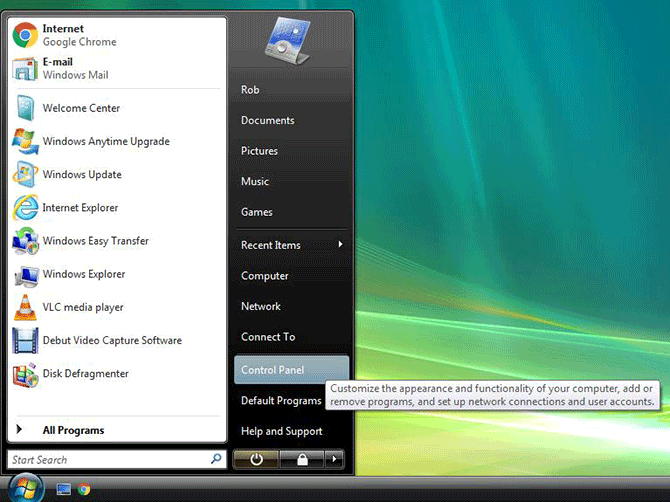 Control Panel highlighted in the Start menu on Windows Vista