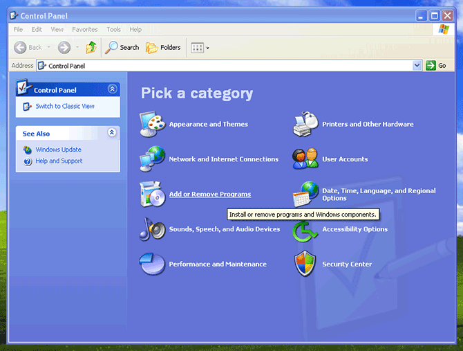 Control Panel on Windows XP