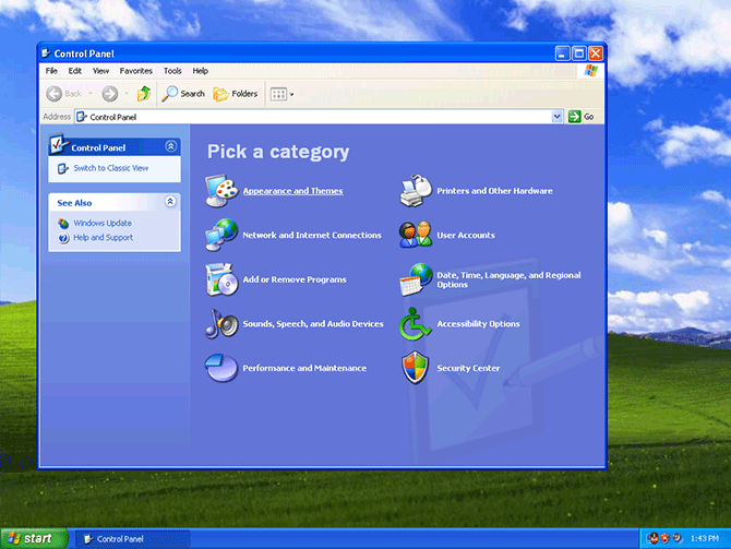 Screenshot of the Control Panel on Windows XP