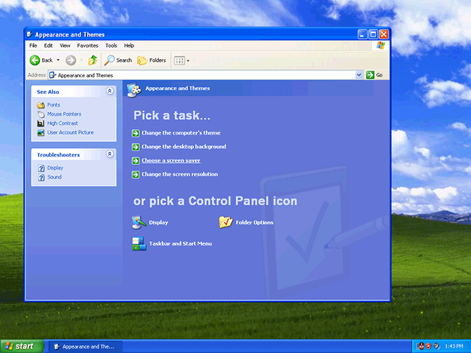 Screenshot of the Appearance and Themes menu on Windows XP