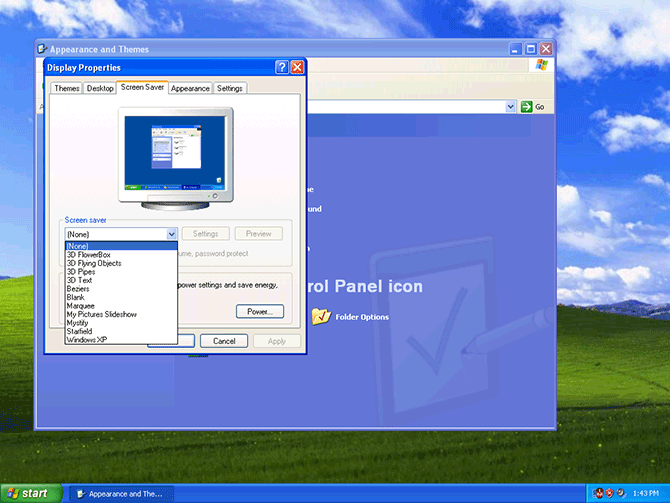 Screenshot of the Screen Saver panel on Windows XP